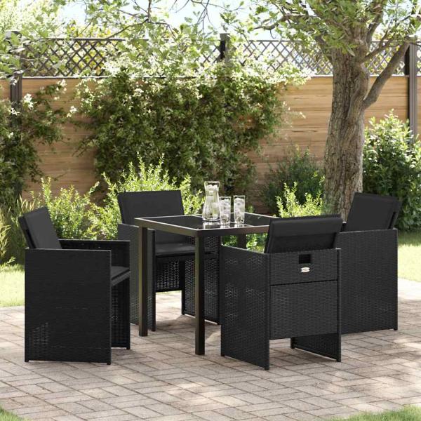 ARDEBO.de - 5-teiliges Garten-Esszimmer-Set mit Kissen Schwarz Poly Rattan, Gartentisch Schwarz 80x80x73 cm mit Sicherheitsglas