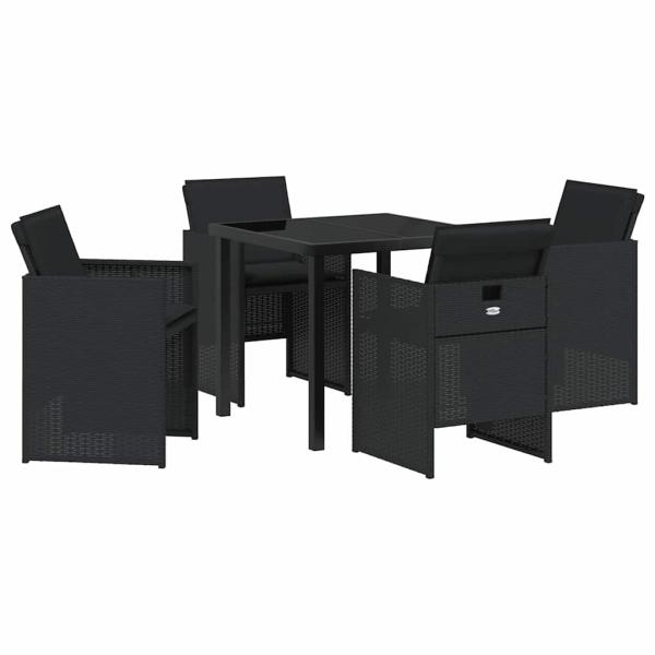 5-teiliges Garten-Esszimmer-Set mit Kissen Schwarz Poly Rattan, Gartentisch Schwarz 80x80x73 cm mit Sicherheitsglas