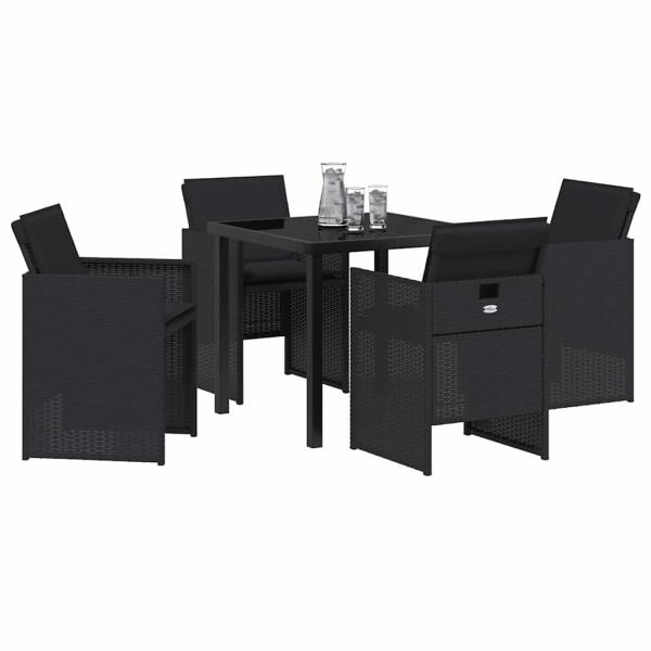 5-teiliges Garten-Esszimmer-Set mit Kissen Schwarz Poly Rattan, Gartentisch Schwarz 80x80x73 cm mit Sicherheitsglas