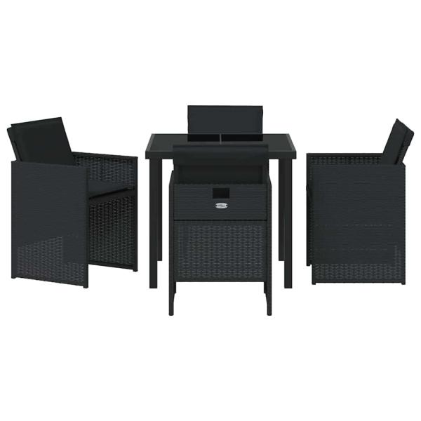 5-teiliges Garten-Esszimmer-Set mit Kissen Schwarz Poly Rattan, Gartentisch Schwarz 80x80x73 cm mit Sicherheitsglas