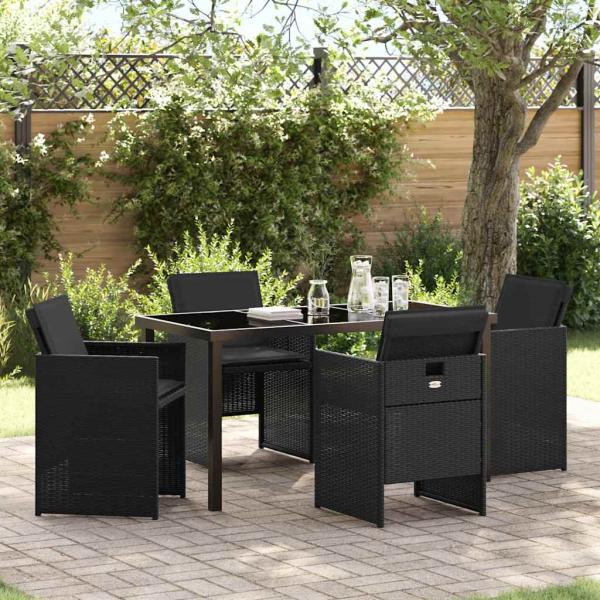 ARDEBO.de - 5-teiliges Garten-Esstischset mit Kissen Schwarz Poly-Rattan, Gartentisch Schwarz 140x80x73 cm Temperiertes Glas