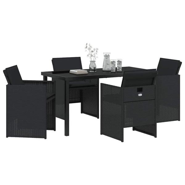 5-teiliges Garten-Esstischset mit Kissen Schwarz Poly-Rattan, Gartentisch Schwarz 140x80x73 cm Temperiertes Glas