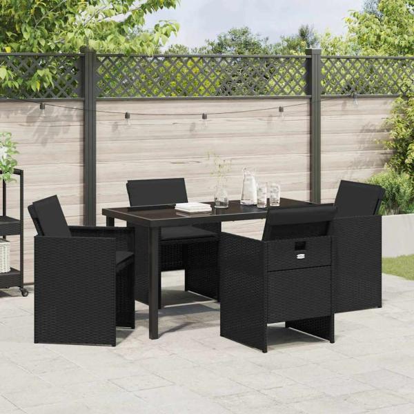 5-teiliges Garten-Esstischset mit Kissen Schwarz Poly-Rattan, Gartentisch Schwarz 140x80x73 cm Temperiertes Glas