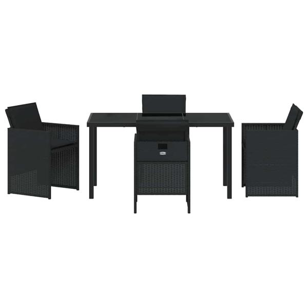 5-teiliges Garten-Esstischset mit Kissen Schwarz Poly-Rattan, Gartentisch Schwarz 140x80x73 cm Temperiertes Glas
