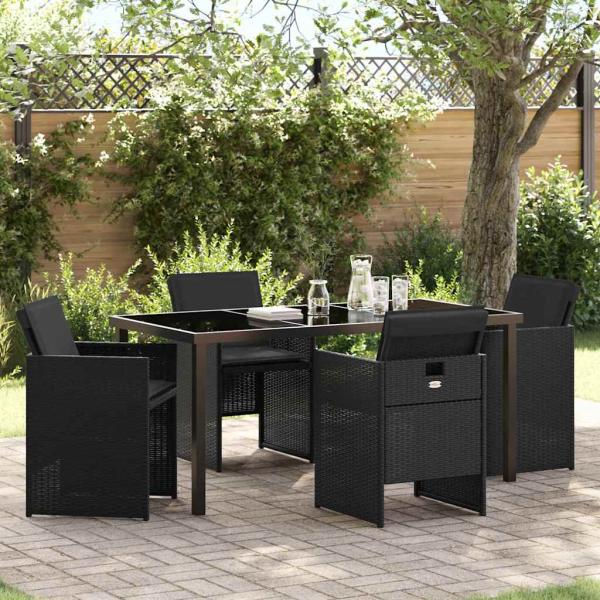 ARDEBO.de - 5-teiliges Garten Essmöbel Set mit Kissen Schwarz Poly Rattan, Gartentisch Schwarz 160x80x73 cm Sicherheitsglas