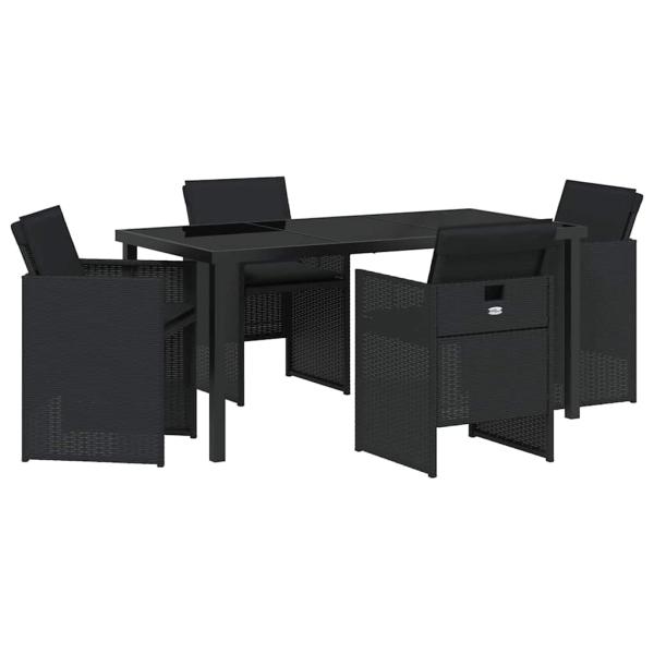 5-teiliges Garten Essmöbel Set mit Kissen Schwarz Poly Rattan, Gartentisch Schwarz 160x80x73 cm Sicherheitsglas