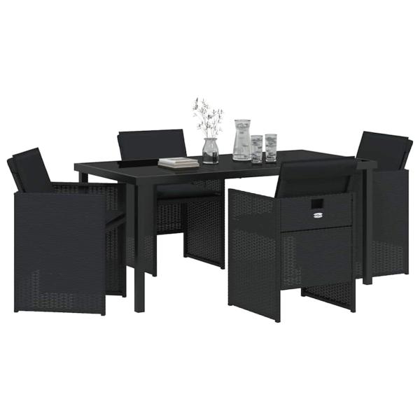 5-teiliges Garten Essmöbel Set mit Kissen Schwarz Poly Rattan, Gartentisch Schwarz 160x80x73 cm Sicherheitsglas