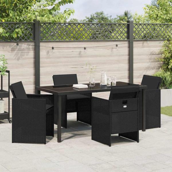 5-teiliges Garten Essmöbel Set mit Kissen Schwarz Poly Rattan, Gartentisch Schwarz 160x80x73 cm Sicherheitsglas