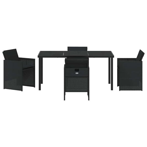 5-teiliges Garten Essmöbel Set mit Kissen Schwarz Poly Rattan, Gartentisch Schwarz 160x80x73 cm Sicherheitsglas