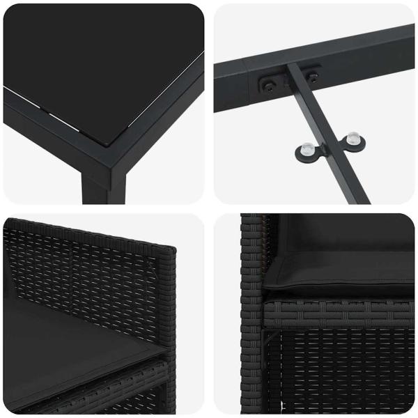 5-teiliges Garten Essmöbel Set mit Kissen Schwarz Poly Rattan, Gartentisch Schwarz 160x80x73 cm Sicherheitsglas
