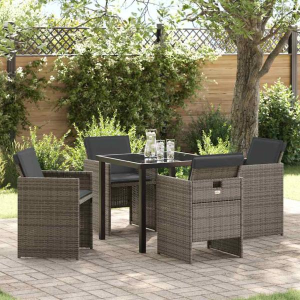 ARDEBO.de - 5-teiliges Garten-Esszimmer Set mit Kissen Grau Poly Rattan, Gartentisch Schwarz 80x80x73 cm Tempered Glass