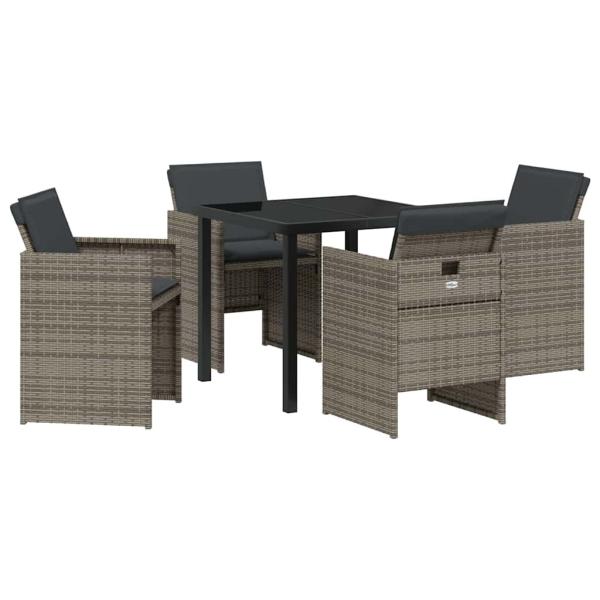 5-teiliges Garten-Esszimmer Set mit Kissen Grau Poly Rattan, Gartentisch Schwarz 80x80x73 cm Tempered Glass