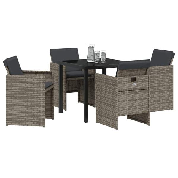 5-teiliges Garten-Esszimmer Set mit Kissen Grau Poly Rattan, Gartentisch Schwarz 80x80x73 cm Tempered Glass