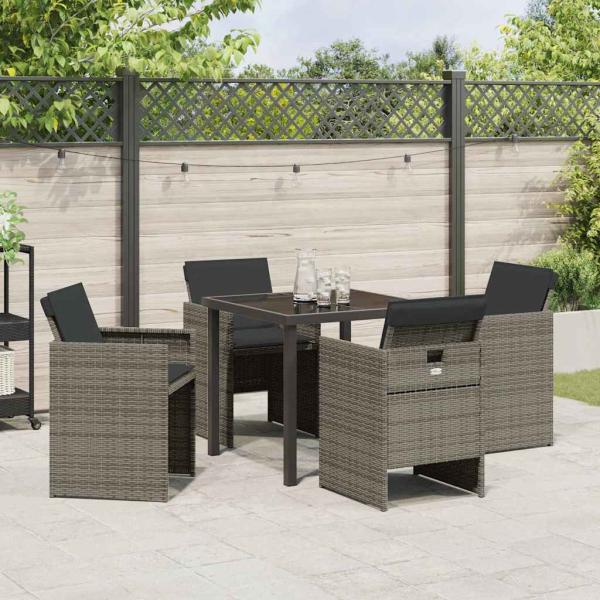 5-teiliges Garten-Esszimmer Set mit Kissen Grau Poly Rattan, Gartentisch Schwarz 80x80x73 cm Tempered Glass