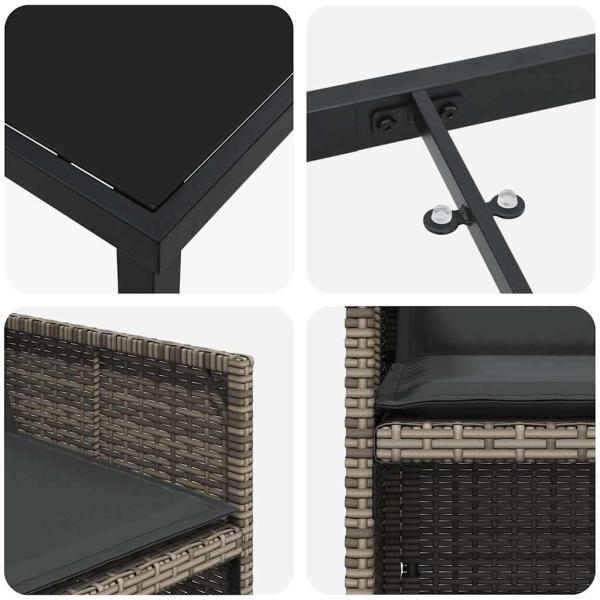 5-teiliges Garten-Esszimmer Set mit Kissen Grau Poly Rattan, Gartentisch Schwarz 80x80x73 cm Tempered Glass