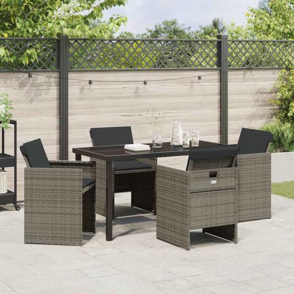5-teiliges Garten Esstisch Set mit Kissen Grau Poly Rattan, Gartentisch Schwarz 140x80x73 cm Sicherheitsglas