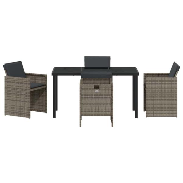 5-teiliges Garten Esstisch Set mit Kissen Grau Poly Rattan, Gartentisch Schwarz 140x80x73 cm Sicherheitsglas