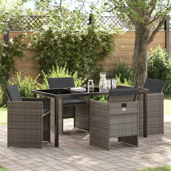 ARDEBO.de - 5-teilige Garten Essgruppe mit Kissen in Grau aus Polyrattan, Gartentisch Schwarz 160x80x73 cm mit gehärtetem Glas