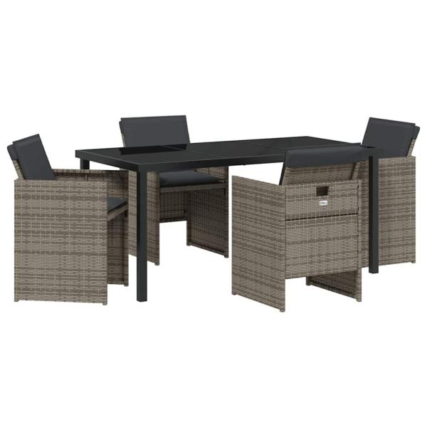 5-teilige Garten Essgruppe mit Kissen in Grau aus Polyrattan, Gartentisch Schwarz 160x80x73 cm mit gehärtetem Glas