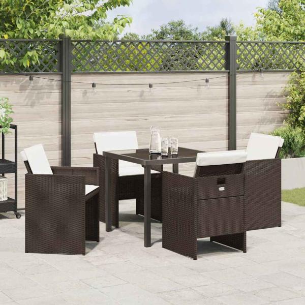 5-teiliges Garten Essset mit Kissen Braun Poly Rattan, Gartentisch Schwarz 80x80x73 cm Sicherheitsglas