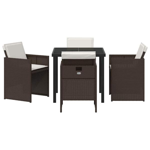5-teiliges Garten Essset mit Kissen Braun Poly Rattan, Gartentisch Schwarz 80x80x73 cm Sicherheitsglas