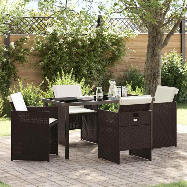 ARDEBO.de - 5-teiliges Garten Essset mit Kissen, brauner Poly-Rattan, Gartentisch schwarz 140x80x73 cm mit gehärtetem Glas