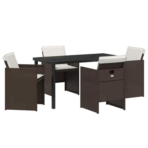 5-teiliges Garten Essset mit Kissen, brauner Poly-Rattan, Gartentisch schwarz 140x80x73 cm mit gehärtetem Glas