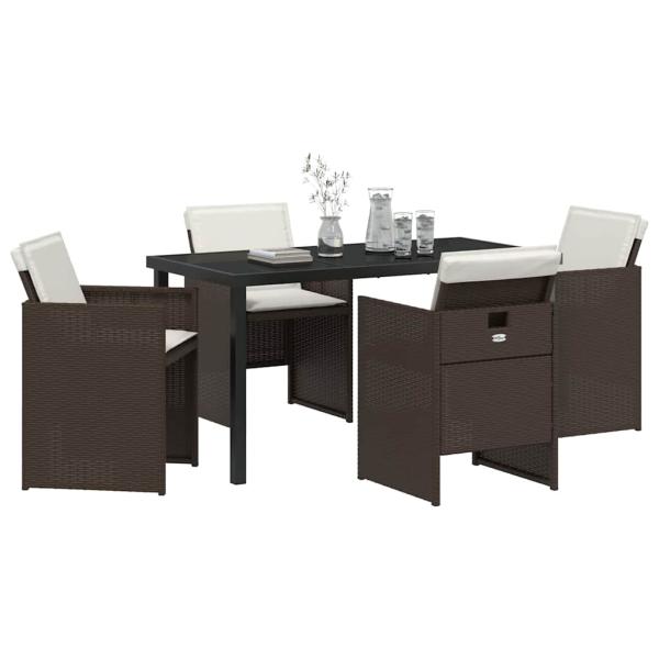 5-teiliges Garten Essset mit Kissen, brauner Poly-Rattan, Gartentisch schwarz 140x80x73 cm mit gehärtetem Glas