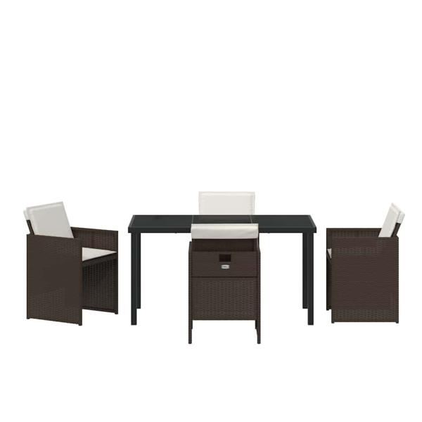 5-teiliges Garten Essset mit Kissen, brauner Poly-Rattan, Gartentisch schwarz 140x80x73 cm mit gehärtetem Glas