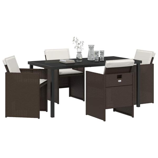5-teiliges Garten Essset mit Kissen Braunes Poly Rattan, Gartentisch Schwarz 160x80x73 cm Gehärtetes Glas