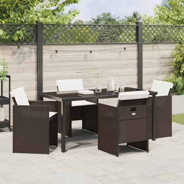 5-teiliges Garten Essset mit Kissen Braunes Poly Rattan, Gartentisch Schwarz 160x80x73 cm Gehärtetes Glas