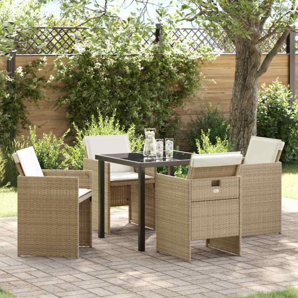 ARDEBO.de - 5-teiliges Garten Essset mit Kissen Beige Poly Rattan, Gartentisch Schwarz 80x80x73 cm Temperglas