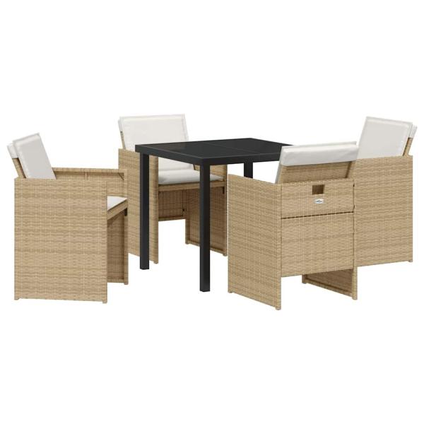 5-teiliges Garten Essset mit Kissen Beige Poly Rattan, Gartentisch Schwarz 80x80x73 cm Temperglas