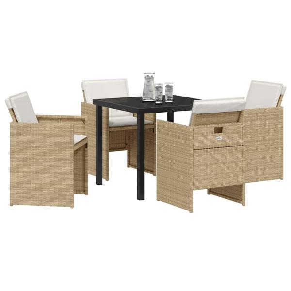 5-teiliges Garten Essset mit Kissen Beige Poly Rattan, Gartentisch Schwarz 80x80x73 cm Temperglas