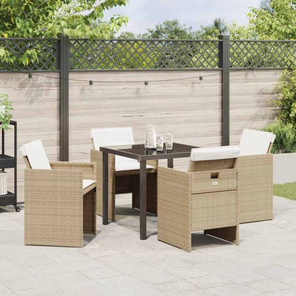 5-teiliges Garten Essset mit Kissen Beige Poly Rattan, Gartentisch Schwarz 80x80x73 cm Temperglas