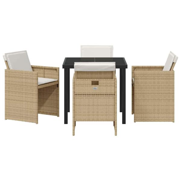 5-teiliges Garten Essset mit Kissen Beige Poly Rattan, Gartentisch Schwarz 80x80x73 cm Temperglas
