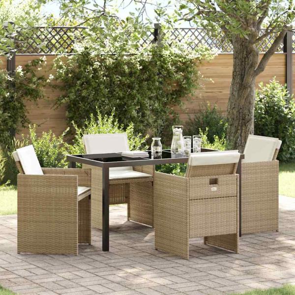 ARDEBO.de - 5-teiliges Garten-Esszimmer-Set mit Kissen Beige Poly Rattan, Gartentisch Schwarz 140x80x73 cm Sicherheitsglas