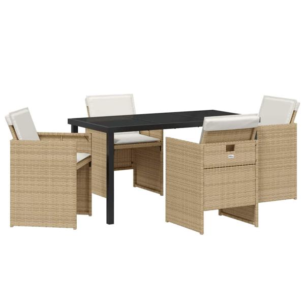 5-teiliges Garten-Esszimmer-Set mit Kissen Beige Poly Rattan, Gartentisch Schwarz 140x80x73 cm Sicherheitsglas