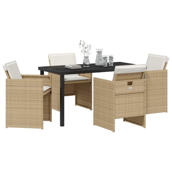 5-teiliges Garten-Esszimmer-Set mit Kissen Beige Poly Rattan, Gartentisch Schwarz 140x80x73 cm Sicherheitsglas
