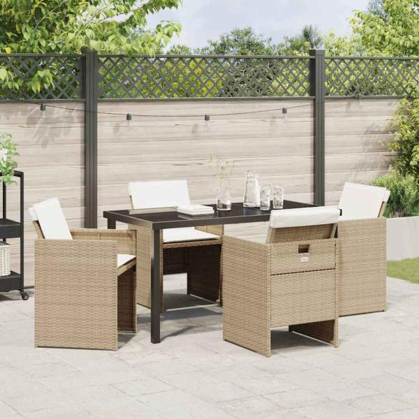 5-teiliges Garten-Esszimmer-Set mit Kissen Beige Poly Rattan, Gartentisch Schwarz 140x80x73 cm Sicherheitsglas