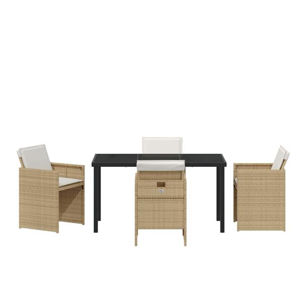 5-teiliges Garten-Esszimmer-Set mit Kissen Beige Poly Rattan, Gartentisch Schwarz 140x80x73 cm Sicherheitsglas