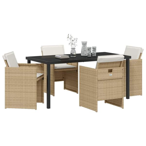5-teiliges Garten-Esszimmer-Set mit Kissen Beige Poly Rattan, Gartentisch Schwarz 160x80x73 cm Sicherheitsglas