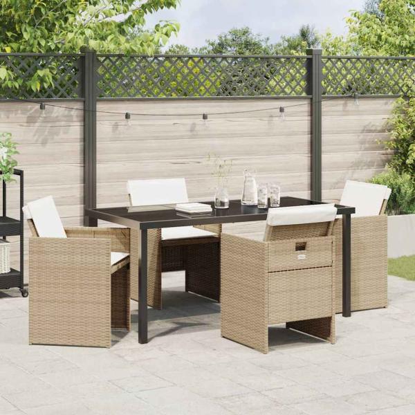5-teiliges Garten-Esszimmer-Set mit Kissen Beige Poly Rattan, Gartentisch Schwarz 160x80x73 cm Sicherheitsglas