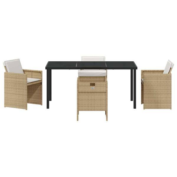 5-teiliges Garten-Esszimmer-Set mit Kissen Beige Poly Rattan, Gartentisch Schwarz 160x80x73 cm Sicherheitsglas