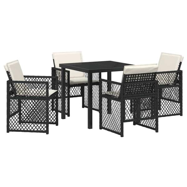 5-teiliges Garten-Essset mit Kissen Schwarz Poly Rattan, Gartentisch Schwarz 80x80x73 cm Tempered Glass