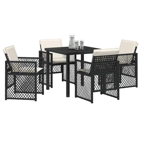 5-teiliges Garten-Essset mit Kissen Schwarz Poly Rattan, Gartentisch Schwarz 80x80x73 cm Tempered Glass
