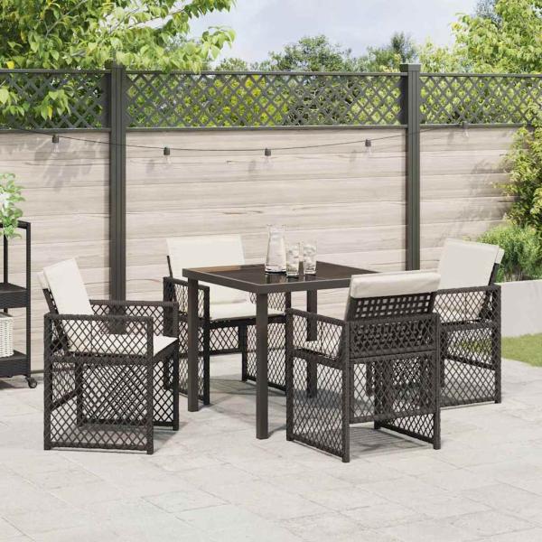 5-teiliges Garten-Essset mit Kissen Schwarz Poly Rattan, Gartentisch Schwarz 80x80x73 cm Tempered Glass
