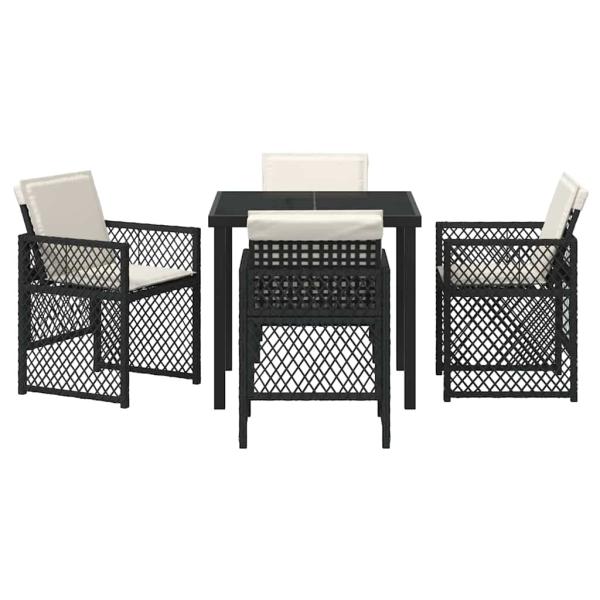 5-teiliges Garten-Essset mit Kissen Schwarz Poly Rattan, Gartentisch Schwarz 80x80x73 cm Tempered Glass