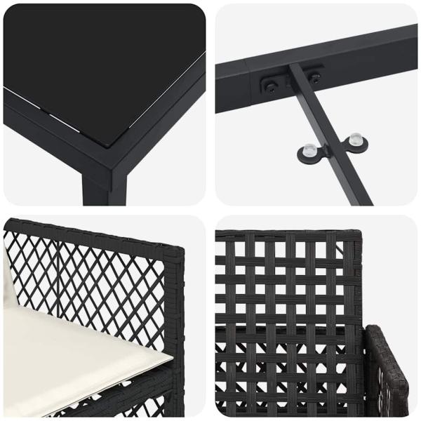 5-teiliges Garten-Essset mit Kissen Schwarz Poly Rattan, Gartentisch Schwarz 80x80x73 cm Tempered Glass
