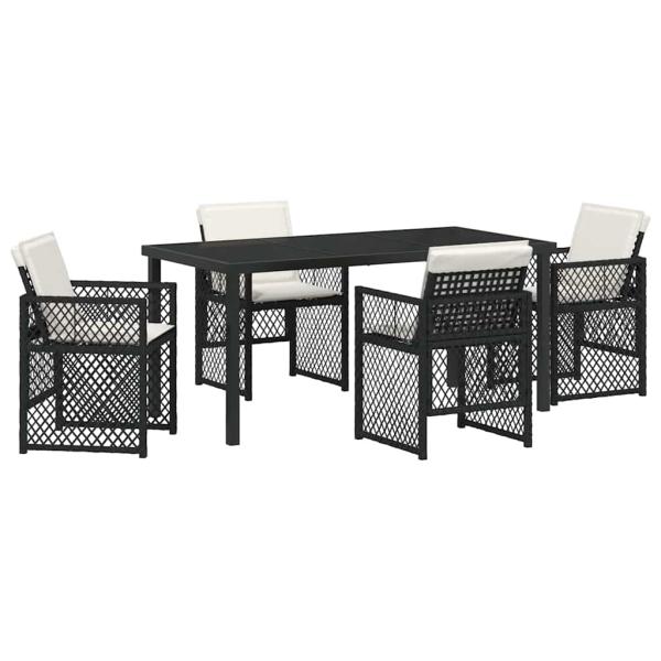 5 teiliges Garten Essset mit Kissen Schwarz Poly Rattan, Gartentisch Schwarz 160x80x73 cm Sicherheitsglas